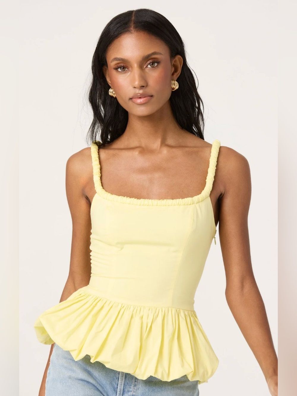 ASTR The Label Bubble Hem Peplum Top in Butter Yellow